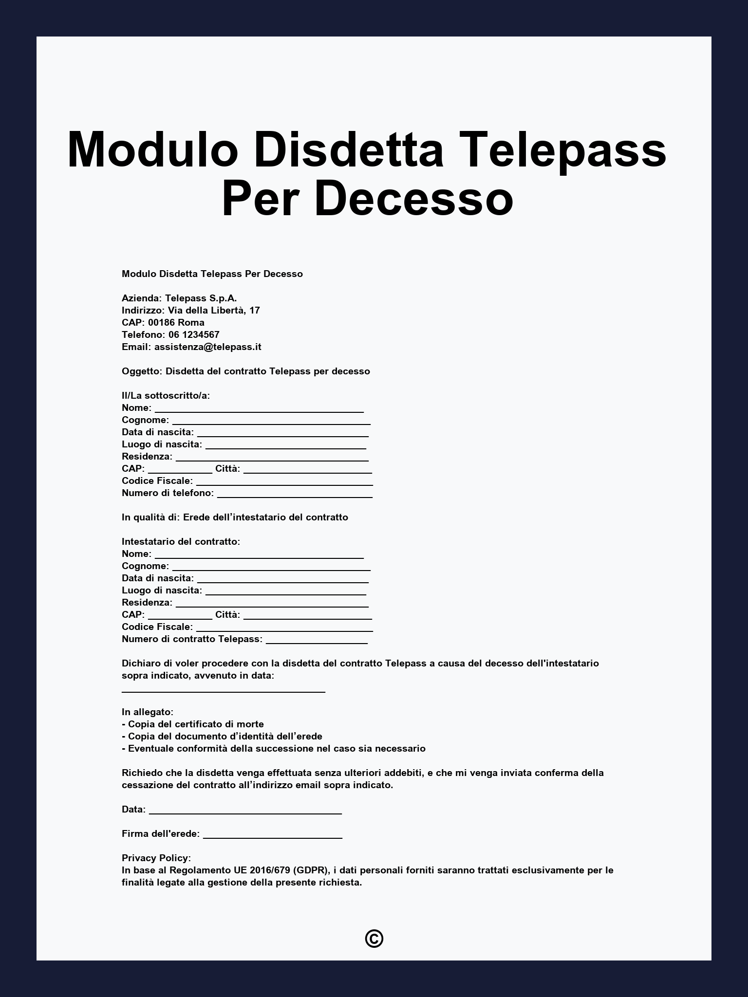 Modulo Disdetta Telepass Per Decesso